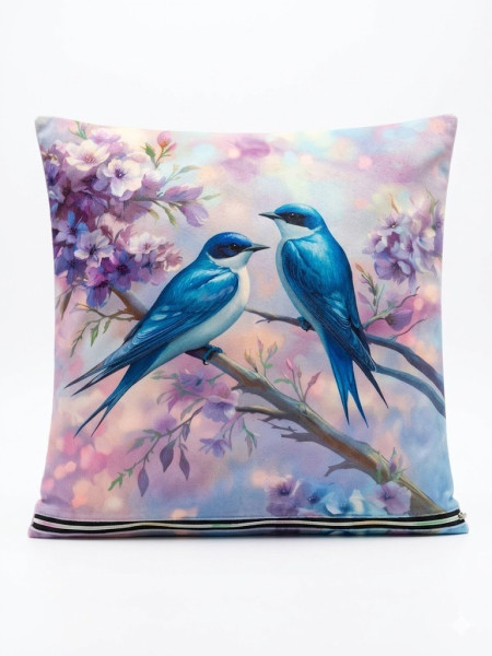 Designový sametový povlak na polštář „Modří ptáčci v květech“ – jemný velur (43 x 43 cm) (1)
