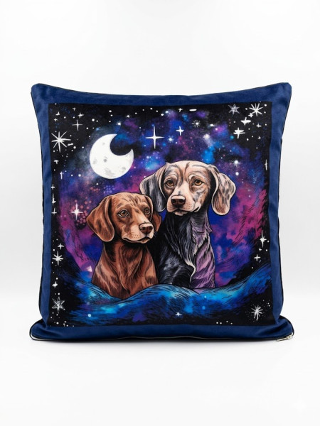 Designový sametový povlak na polštář „Věrní přátelé pod hvězdami“ – jemný velur (43 x 43 cm) (1)