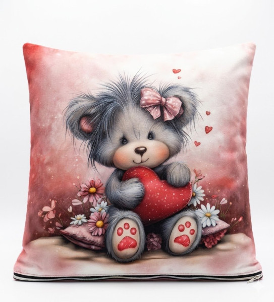 Designový sametový povlak na polštář „Medvídek s velkým srdcem“ – jemný velur (43 x 43 cm) (1)