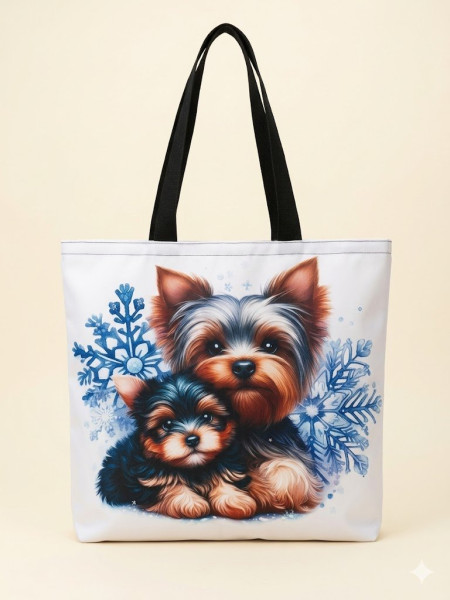 Velká nepromokavá taška „Jorkšírci v zimě“ – 46x41 cm (1)